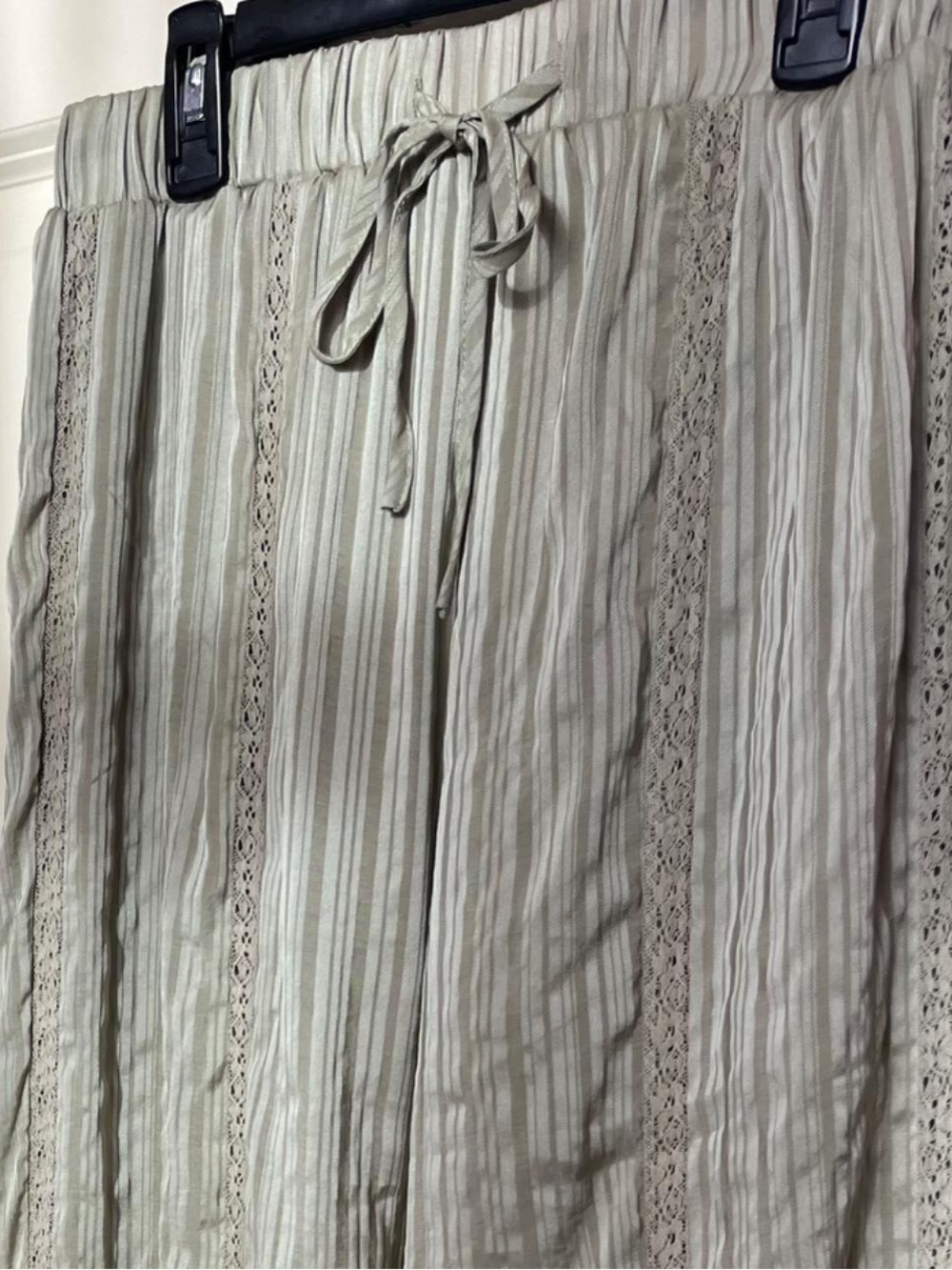 Sage Satin Pants With Vertical Lace Stripes